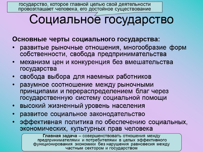 Социальное государство Основные черты социального государства: развитые рыночные отношения, многообразие форм собственности, свобода предпринимательства